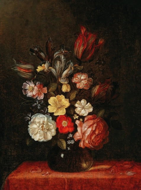 Pieter van de Venne - Roses, Tulips and Irises in a glass vase