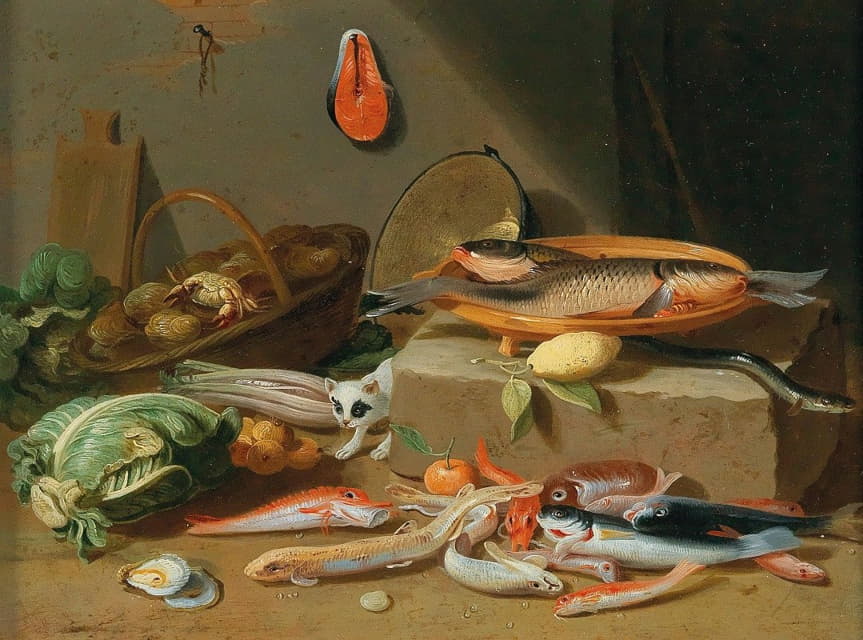 Pseudo Jan van Kessel II - A kitchen still life with fish, vegetables and a cat