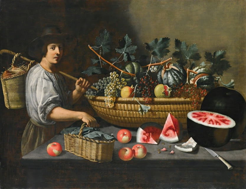 Pseudo Pietro Paolo Bonzi - A Still Life Of Grapes, Melons And Pomegranates On A Stone Ledge With A Figure Carrying A Basket On The Left