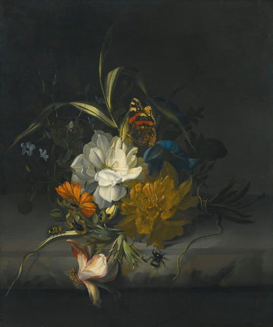 Rachel Ruysch - Still Life With Marigolds, Morning Glory, A Passion Flower And Other Assorted Flowers, Together With Insects On A Stone Ledge