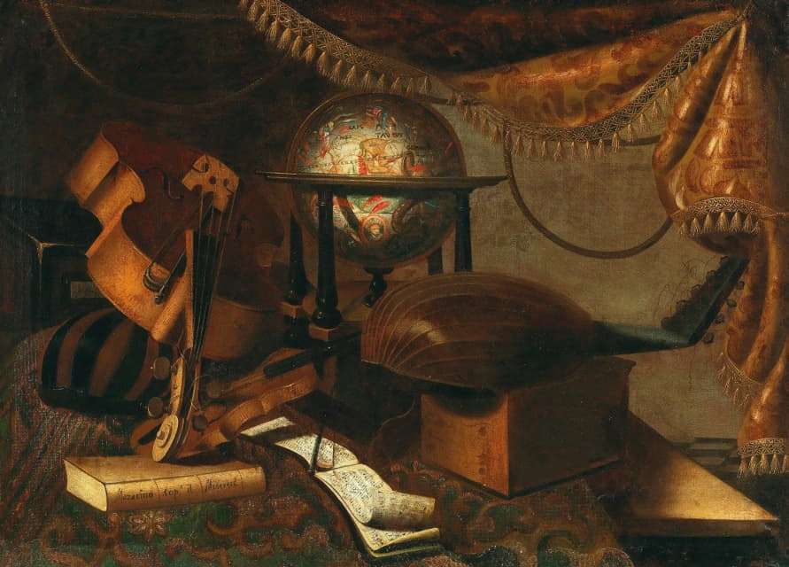 School of Bergamo - Musical instruments, a globe, book and music sheets on a table