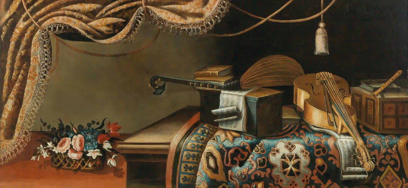 School of Bergamo - Still life with musical instruments and books