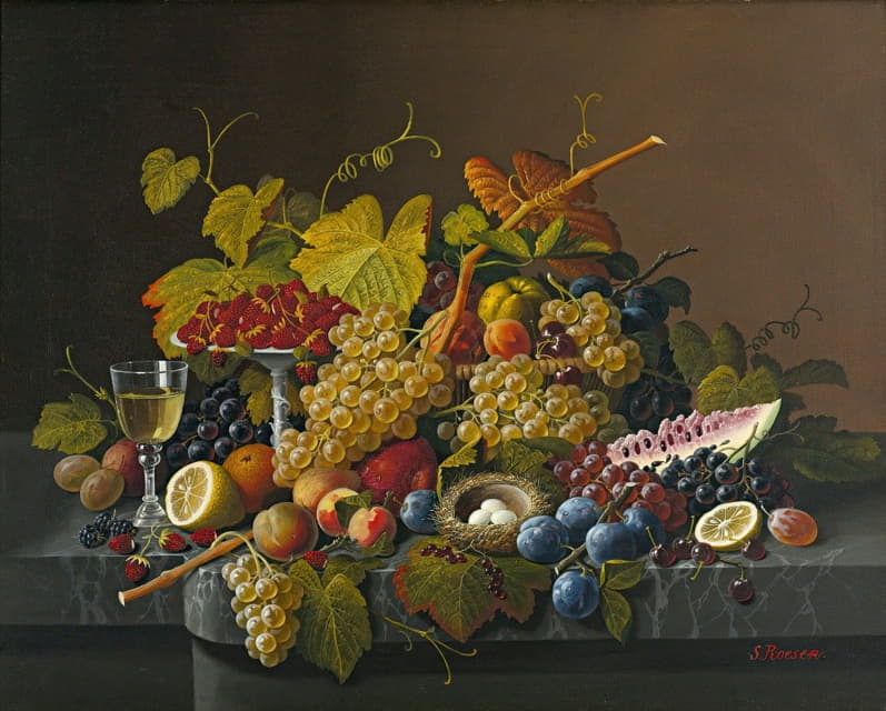 Severin Roesen - Still Life With Fruit And Bird’s Nest