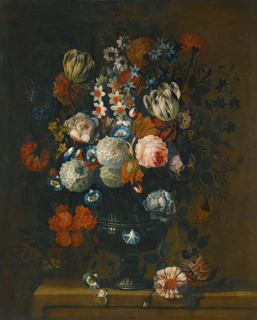 雕刻花瓶中的玫瑰、杂色郁金香、牡丹、水仙花和其他花卉的静物画