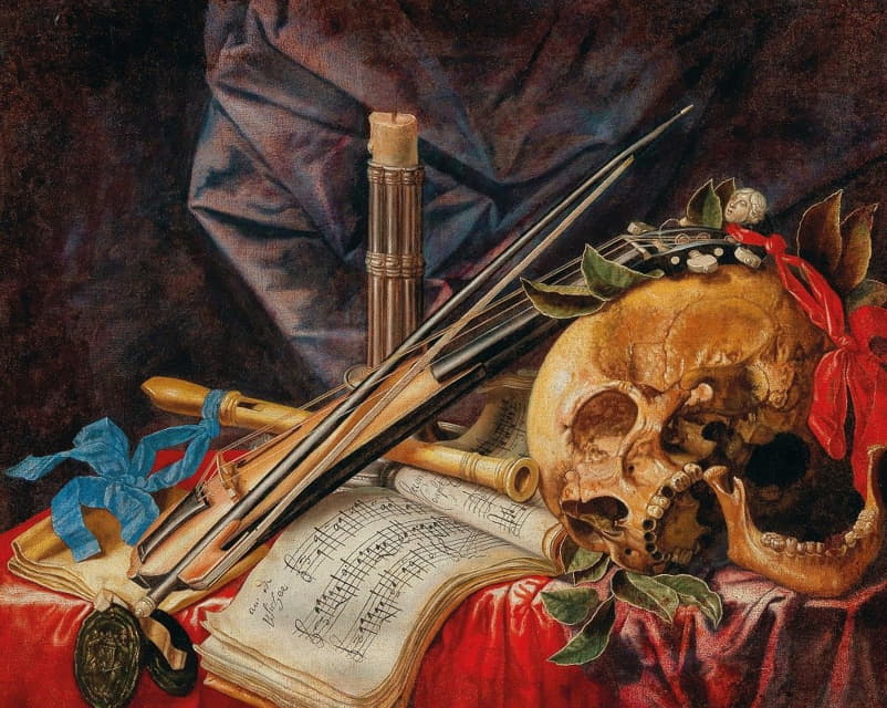 瓦尼塔斯的静物，有小提琴、单簧管、骷髅、乐谱和蜡烛