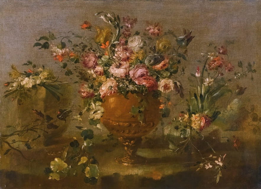 在窗台上的花瓶里放着玫瑰、康乃馨和其他花朵的静物画