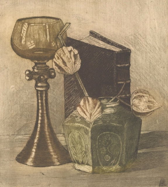 Theodorus Antonius de Gruiter - Stilleven met boek, wijnglas en lampionplant in gemberpot