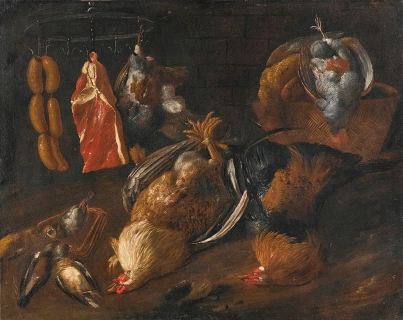 Tuscan School - A Still Life With Game And Meats Hanging On A Rail With Other Birds In A Basket And On The Ground