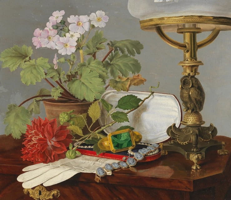 Anonymous - Still Life with Geraniums, Dahlias, Glacé Gloves and Jewels
