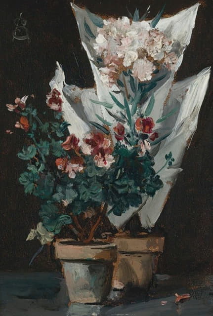 Alfred Stevens - Still life with potted geraniums