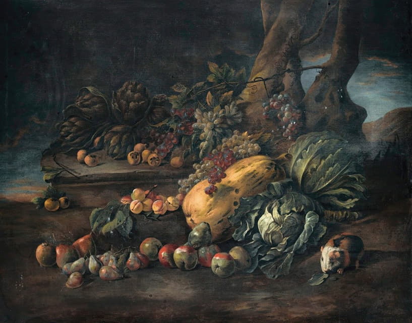 Angelo Maria Rossi - Still life of vegetables on a forest floor