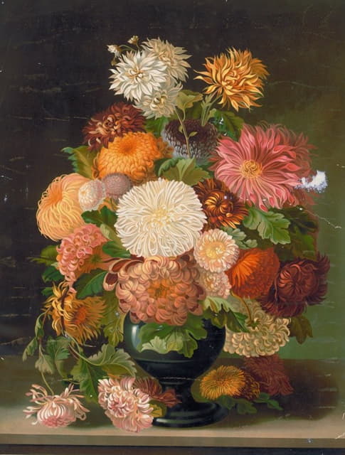 Anonymous - Red, orange, white, and pink flowers in a black vase