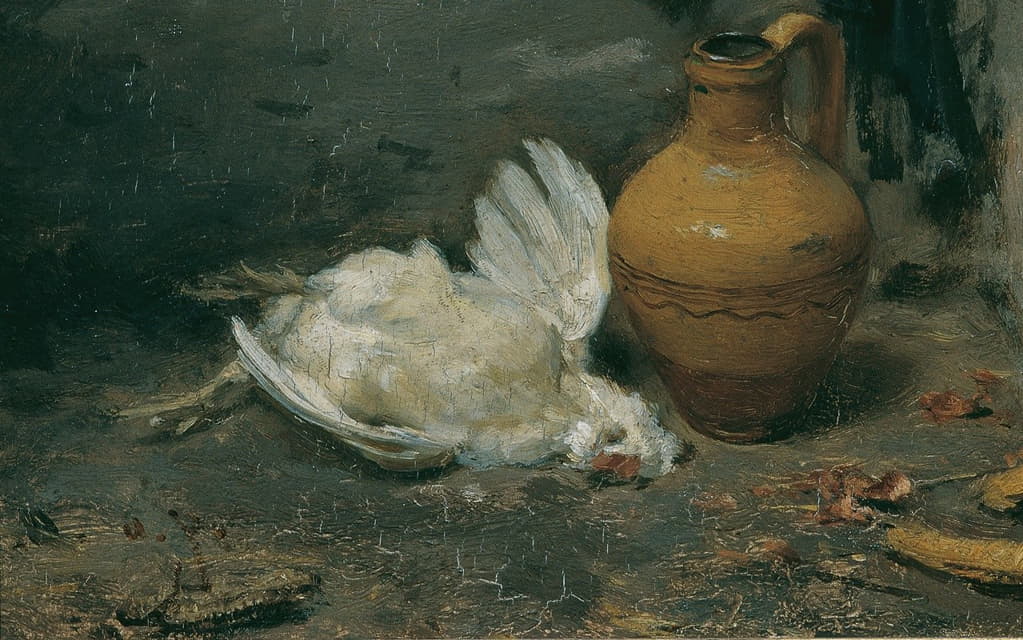 August von Pettenkofen - Stillleben mit totem Huhn und Krug