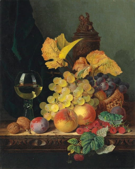 Edward Ladell - A roemer, grapes, peaches, plums, raspberries and walnuts on a wooden ledge