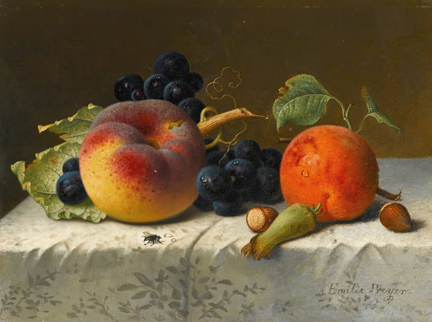 Emilie Preyer - Still life with peach, apricot, grapes and hazelnuts on a tablecloth