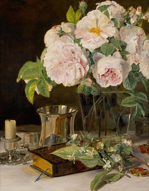 Ferdinand Georg Waldmüller - Rosen im Glas Stilleben mit Rosen, Leuchter und silbernem Becher
