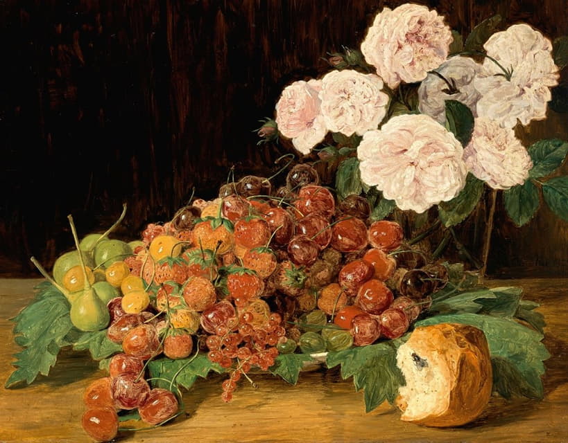 玫瑰、草莓和面包的静物画
