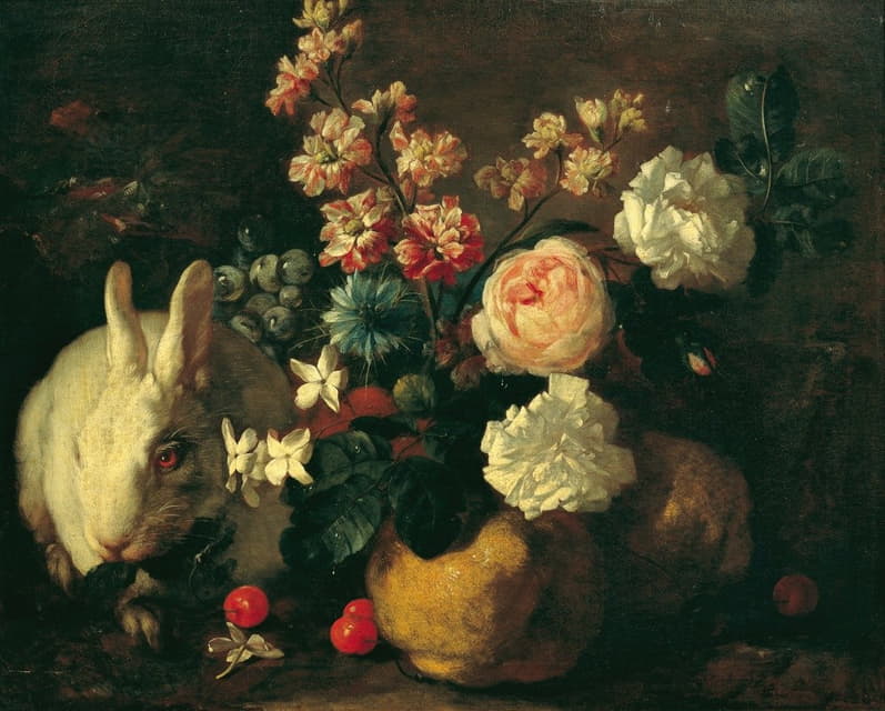 兔子、鲜花和水果的静物画