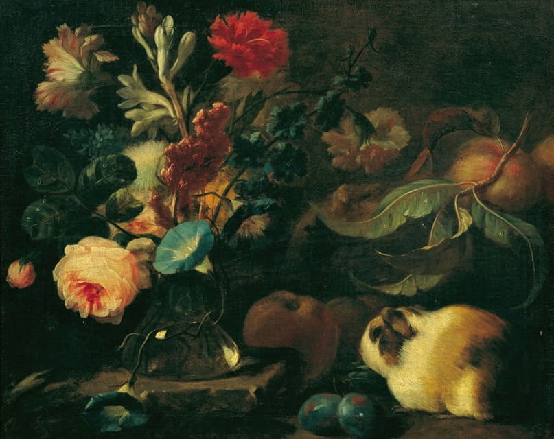 豚鼠、鲜花和水果的静物画
