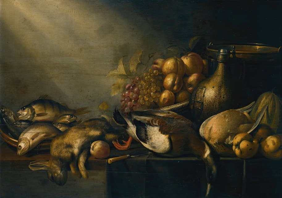 一张挂着窗帘的桌子上摆着一只死兔子、死鸭子、死鱼、死蔬菜和一只陶器的静物画