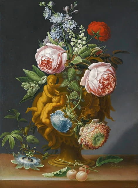 玫瑰和其他花卉的静物画在一个用putti装饰的古董花瓶里，全部放在一个窗台上