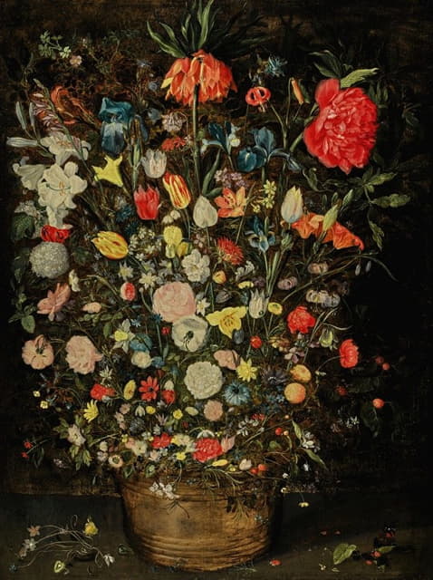 Jan Brueghel the Younger - Still life with a large bouquet of flowers in a wooden bucket