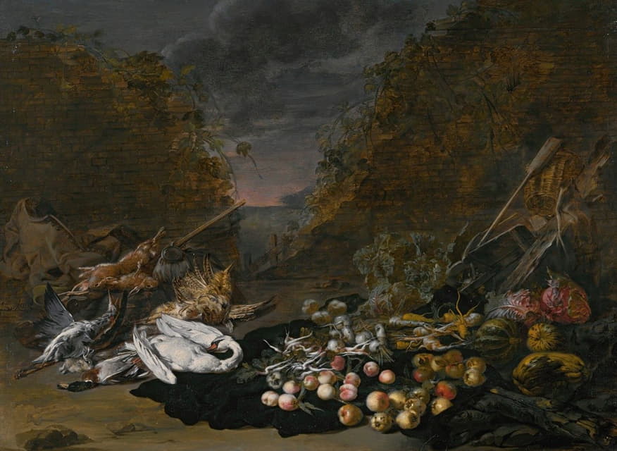 Jan van Kessel the Younger - A still life of a swan and other birds, with rabbits, fruit and vegetables and a landscape beyond