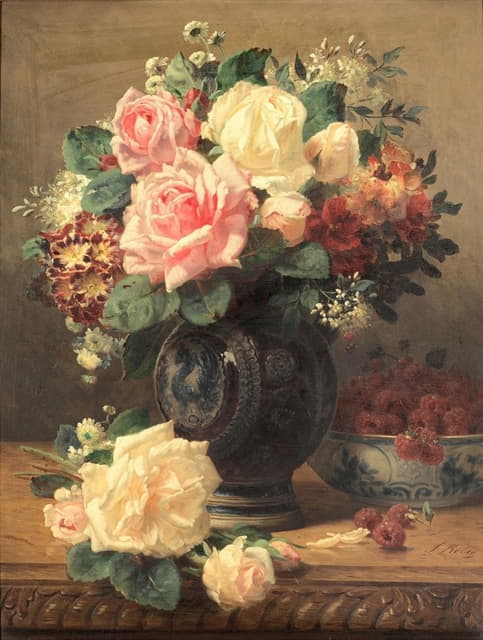 Jean-Baptiste Robie - Still Life with Roses and Raspberries