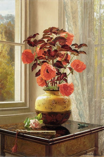 Jessica Hayllar - Oriental Poppy and Coleus in a Cloisonné vase