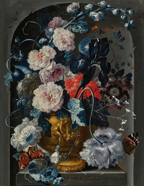 Johann Baptist Drechsler - Still life with carnations, roses, hollyhocks and other flowers in a sculpted bronze urn with butterflies in an alcove