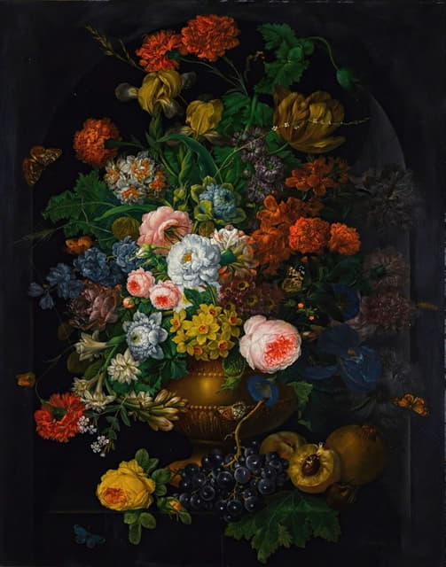 Johann Baptist Drechsler - A still life of flowers in a vase with butterflies 