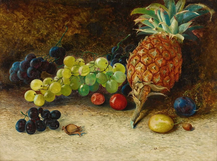 菠萝、葡萄、坚果和李子的静物画
