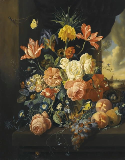 郁金香、玫瑰和水果的静物画