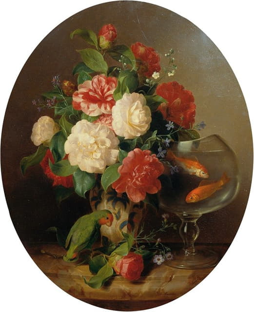 Josef Lauer - Blumenstück mit Goldfischglas