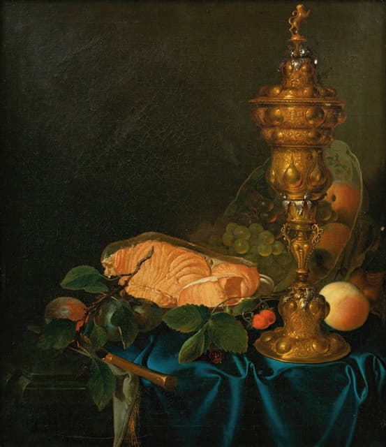 Justus Juncker - Still life with a cup, a salmon and fruits