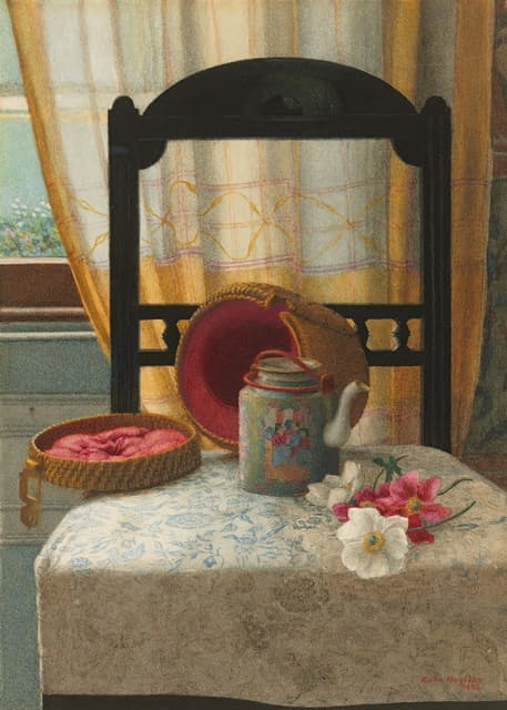Kate Hayllar - Still life with a Canton famille rose teapot and camellias