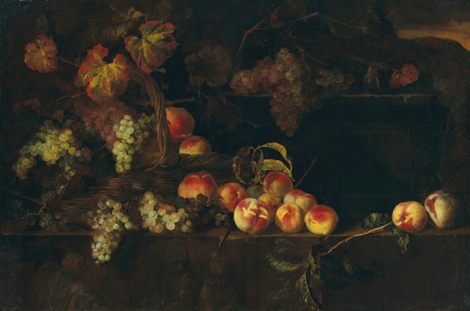柳条筐里的葡萄和桃子，以及窗台上的其他水果，远处的风景