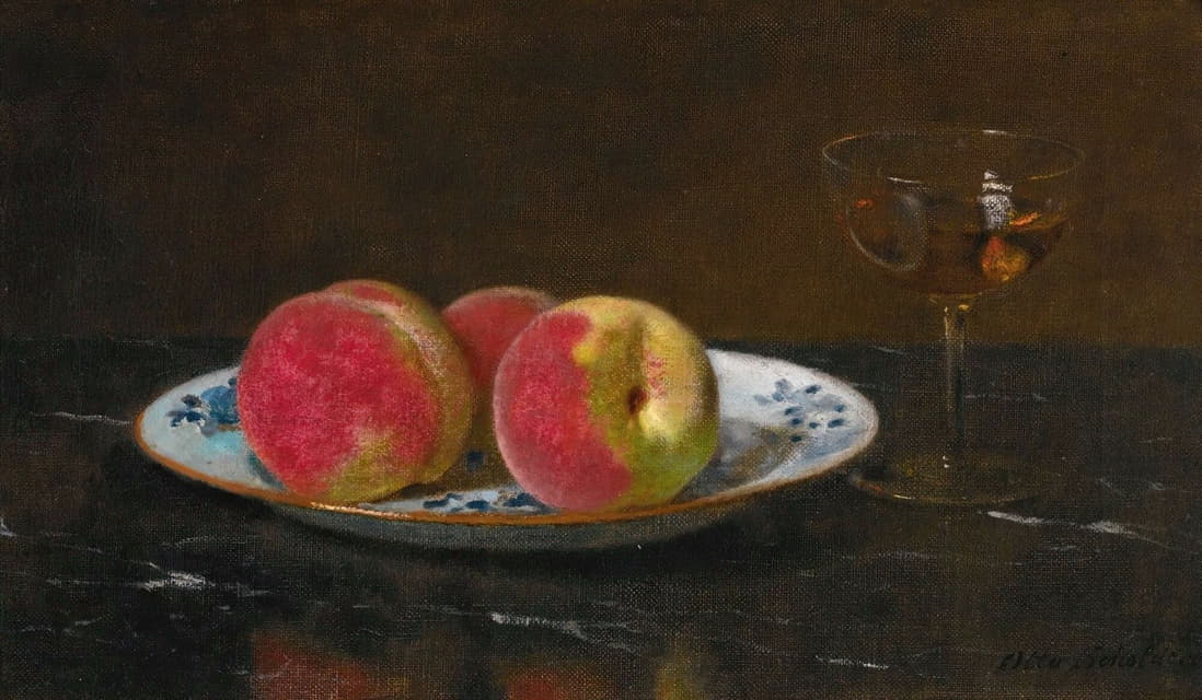 桃子和玻璃的静物画