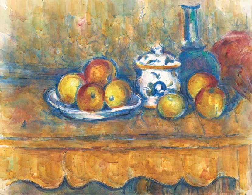 Paul Cézanne - Stillleben mit blauer Flasche, Zuckerdose und Äpfeln