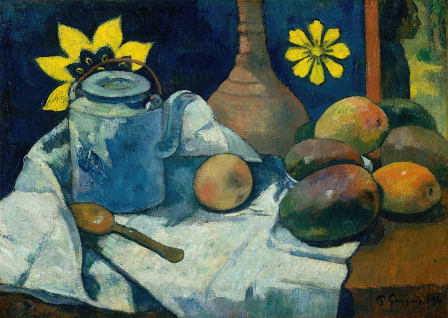 茶壶和水果的静物画