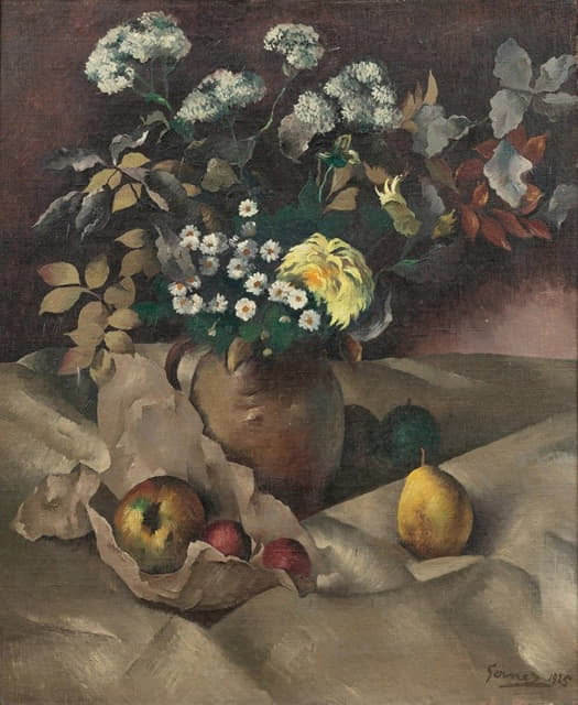 有花、梨和苹果的静物画