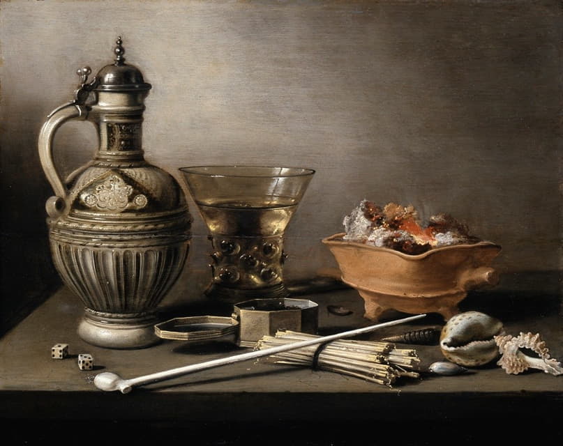 Pieter Claesz - Still Life with a Stoneware Jug, Berkemeyer, and Smoking Utensils