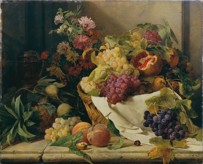 水果和鲜花的静物画