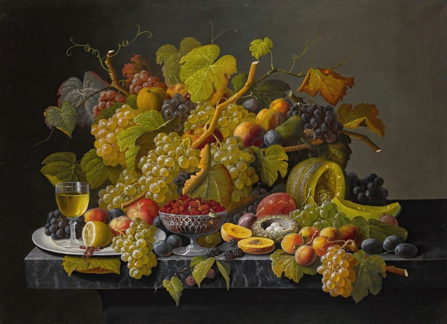 Severin Roesen - Still life with grapes and wine