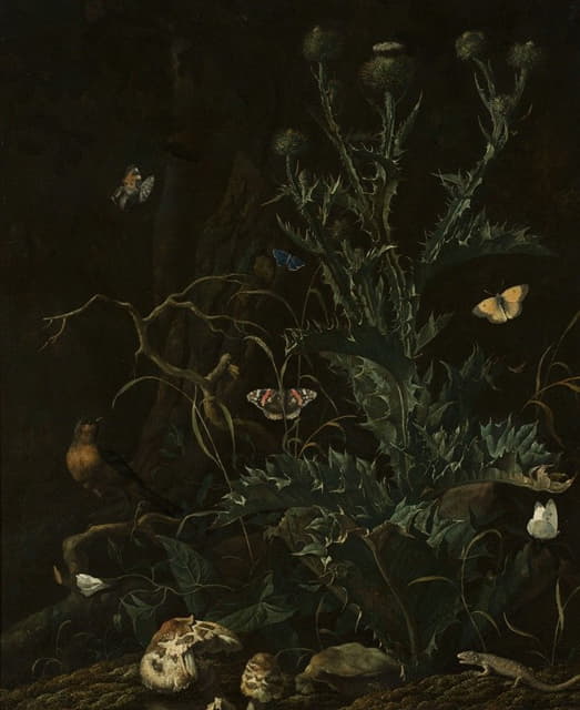 Abraham Jansz. Begeyn - Thistles, butterflies and a lizard