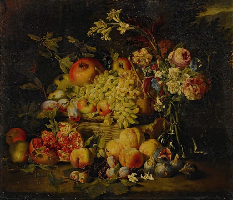 Abraham Brueghel - Still life of flowers and fruits, including pomegranates, peaches, and grapes