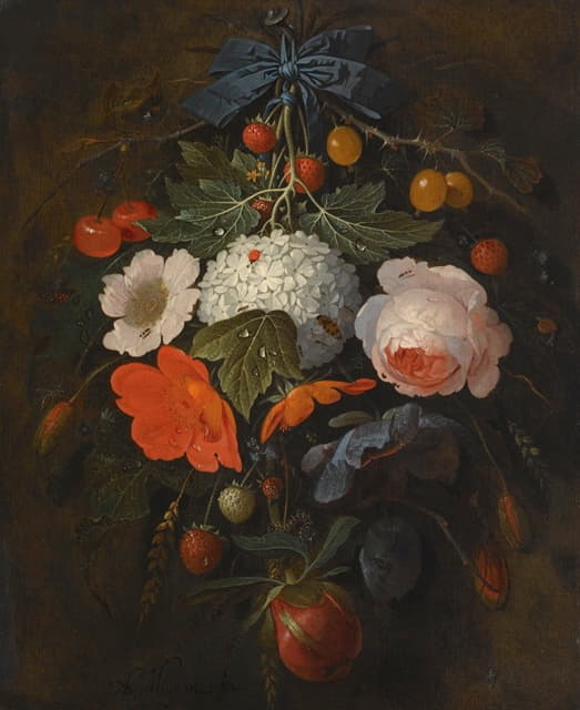 花朵和水果的花环，包括粉红玫瑰、罂粟花、雪球、醋栗和白蜡树，以及各种昆虫
