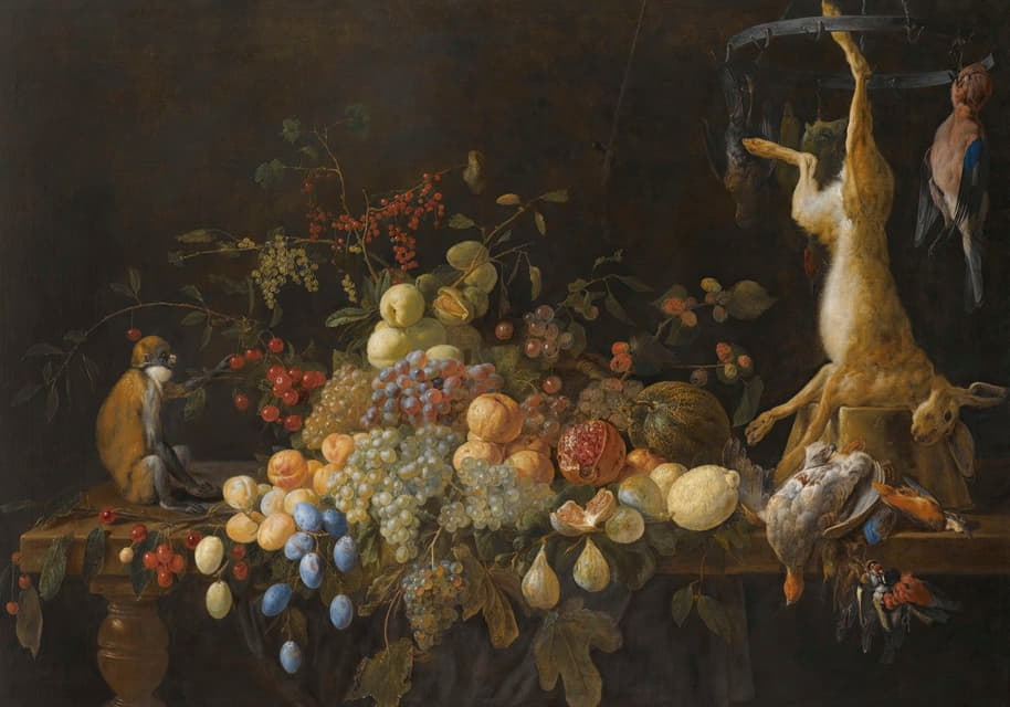 Adriaen van Utrecht - A Still Life With Grapes, Figs, Apples, Oranges, Apricots, Lemons, A Melon, Loganberries, An Open Pomegranate And Cherries