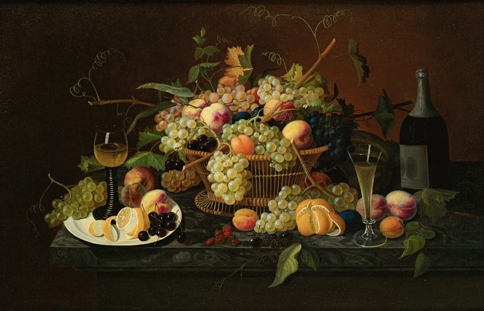 桌上摆着水果、香槟酒瓶和玻璃杯的静物画
