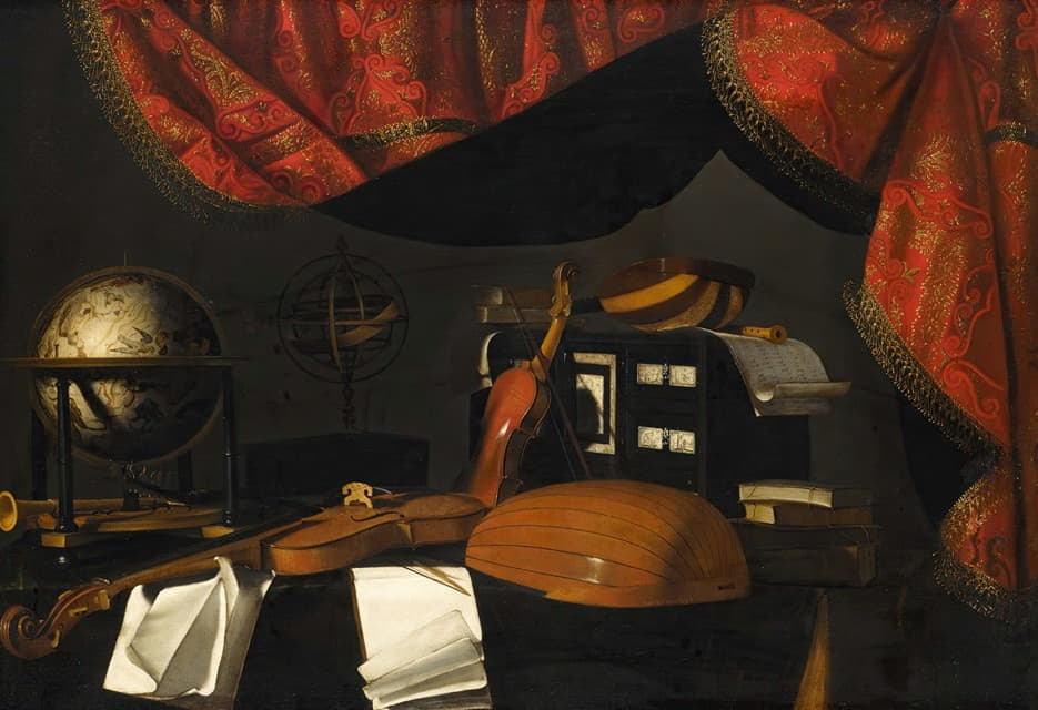 Bartolomeo Bettera - A still life with musical instruments and a globe on a table, a curtain behind